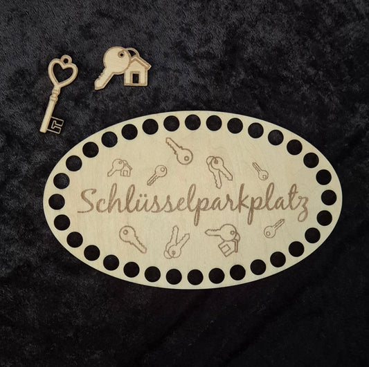 3mm Holzboden 14,8 cm oval Motiv: Schlüsselparkplatz + Anhänger