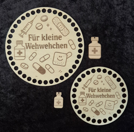 3mm Holzboden für Häkelkörbe 11/15 cm Kleine Wehwehchen Set + Anhänger